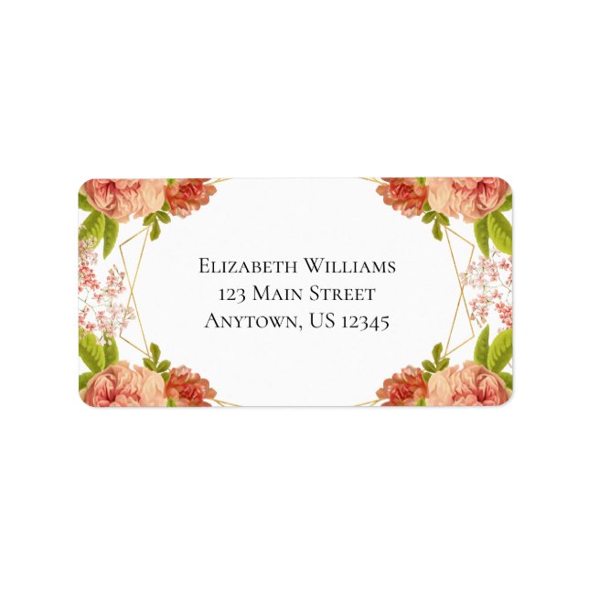 Peach Guld Watercolor Flowers Returadress Adressetikett (Framsidan)