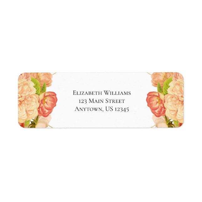 Peach Guld Watercolor Flowers Returadress Etikett (Framsidan)
