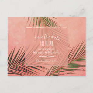 Peach Handflatan Träd Beach Wedding Sparar datumet Vykort