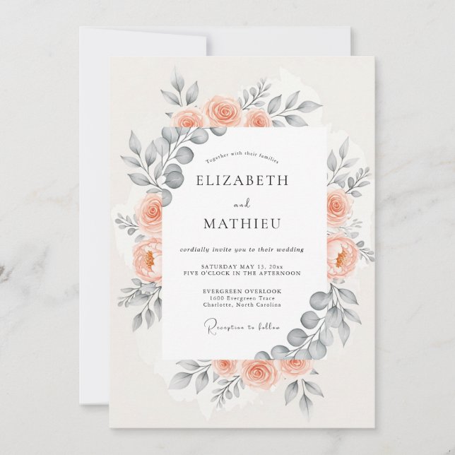 Peach Harmonious Botanical Wedding Inbjudningar (Framsida)