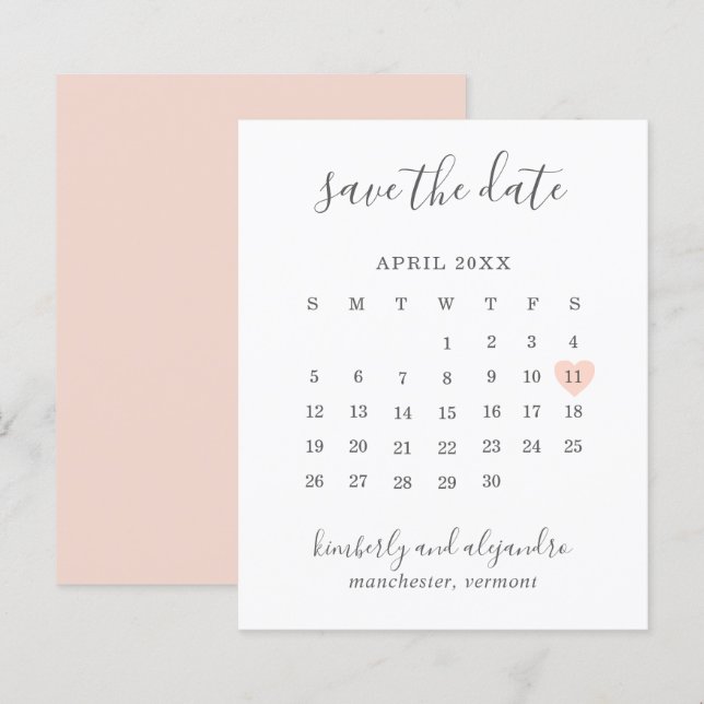 Peach Heart Calender Budget Bröllop spara datum (Fram/baksida)