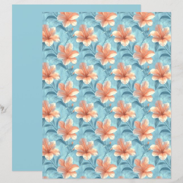 Peach Hibiscus Floral Scrapbook Paper (Fram/baksida)