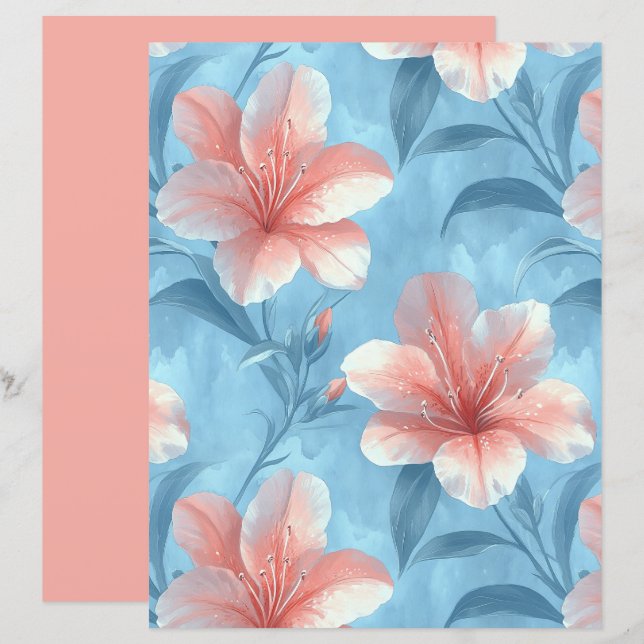 Peach Hibiscus Floral Scrapbook Paper (Fram/baksida)