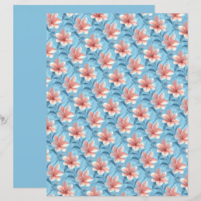 Peach Hibiscus Floral Scrapbook Paper (Fram/baksida)