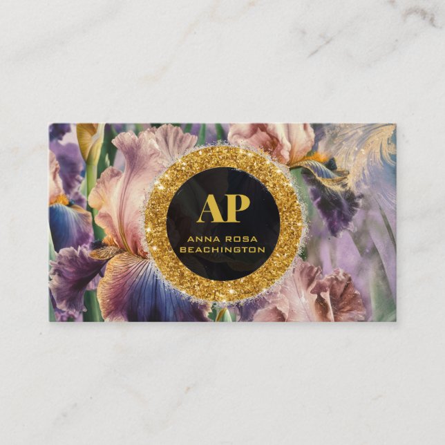 *~ PEACH Iris QR AP10 Flowers Guld Affärskort Visitkort (Framsida)