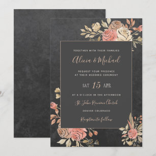 Peach Ivory Moody Blommigt Mörk Grått Bröllop Inbjudningar