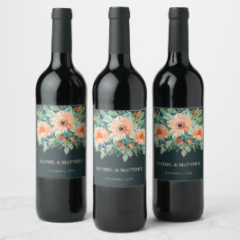 Peach Jade Teal Blommigt Vattenfärg Vinflaska Etikett