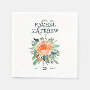 Peach Jade Teal Blommigt Watercolor Bröllop Napkin Pappersservett