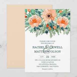 Peach Jade Teal Blommigt Watercolor-Bröllopsinbjud