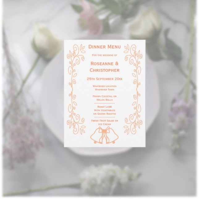 Peach Klockor Scrollwork Design Bröllop Meny (Peach wedding menu bells and scrollwork design)