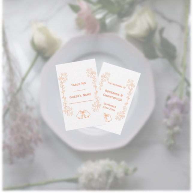 Peach Klockor Scrollwork Design Bröllop Placeringskort (Peach wedding place setting card bells and scrollwork design)