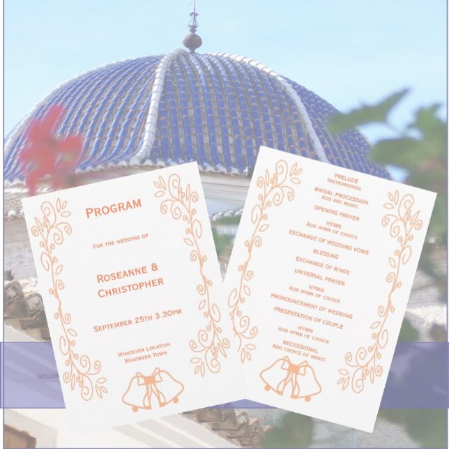 Peach Klockor Scrollwork Design Bröllop Program (Peach wedding church program bells and scrollwork design)