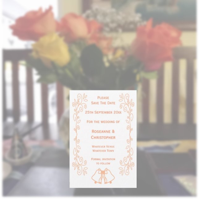 Peach Klockor Scrollwork Design Bröllop Spara Datumet (Peach wedding save the date bells and scrollwork design)