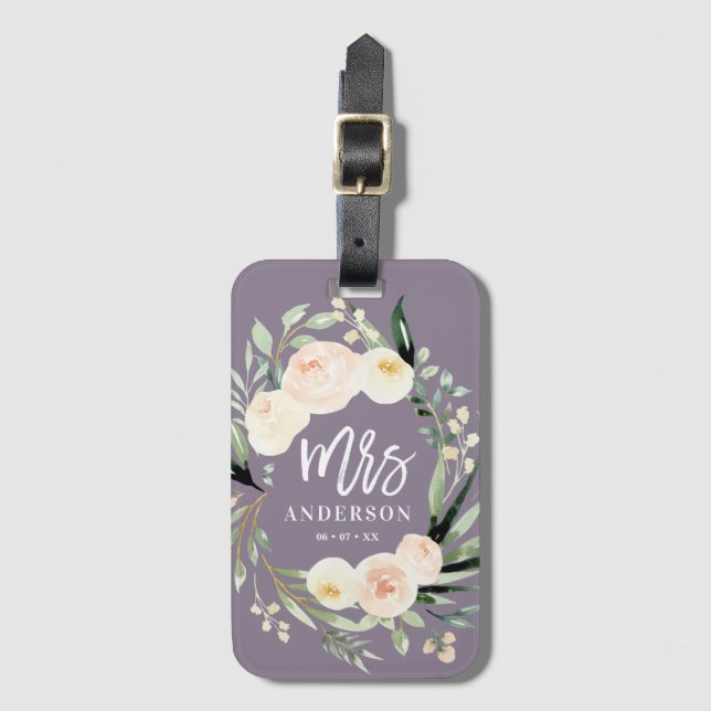 Peach kräm-grönt vattenfärgen blommigt bröllop bagagebricka (Framsida vertikal)