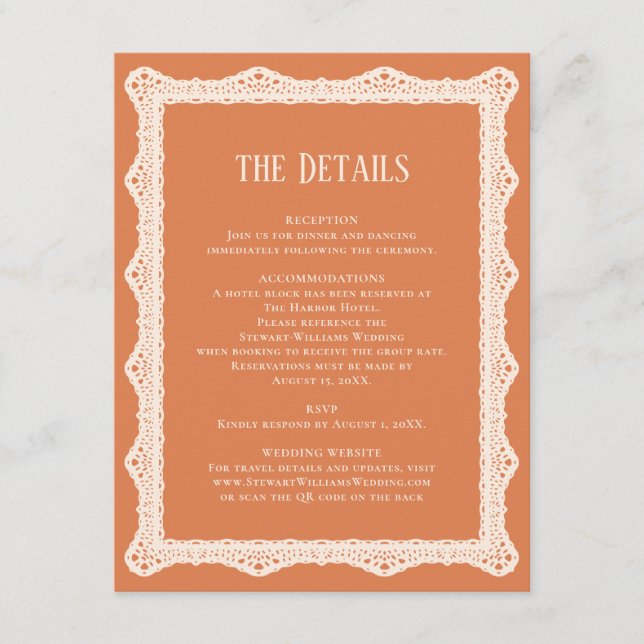 Peach Lace Details Reception Information Wedding  Tilläggskort (Framsida)