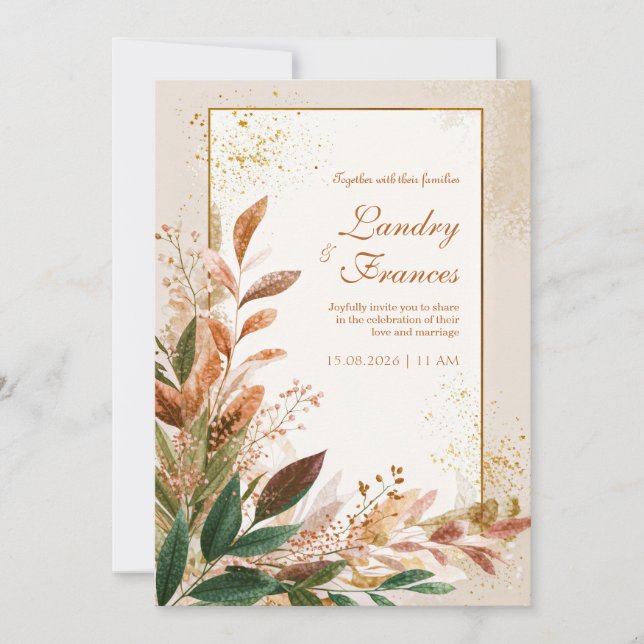 Peach Leaf Gold Stardust Wedding Inbjudningar (Framsida)