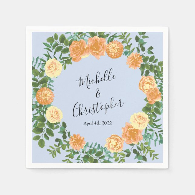 Peach Light Blue Bröllop Ro Blommigt Pappersservett (Framsidan)