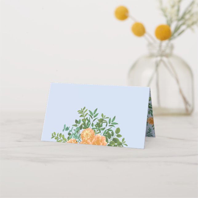 Peach Light Blue Bröllop Ro Blommigt Placeringskort (Framsida)