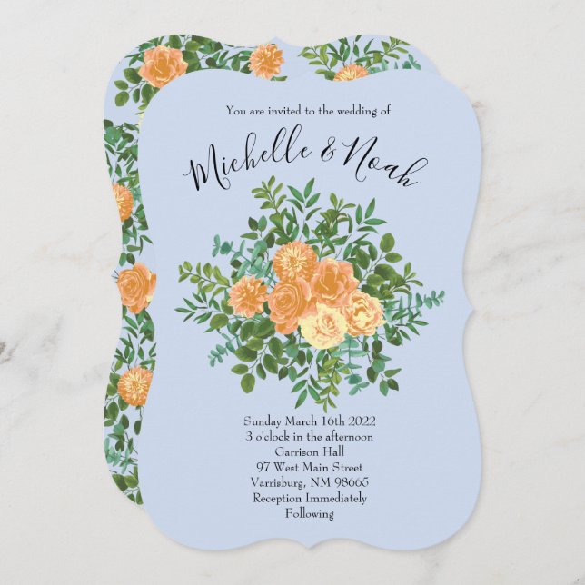 Peach & Light Blue Peony & Ro Blommigt Bröllop Inbjudningar (Fram/baksida)