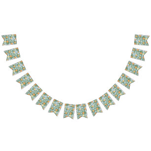 Peach & Light Blue Peony & Ro Blommigt Bröllop Vimplar