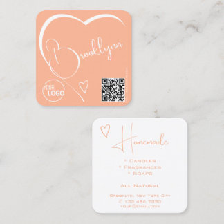 Peach Light Orange Heart Calligraphy Logotyp QR Co Fyrkantigt Visitkort
