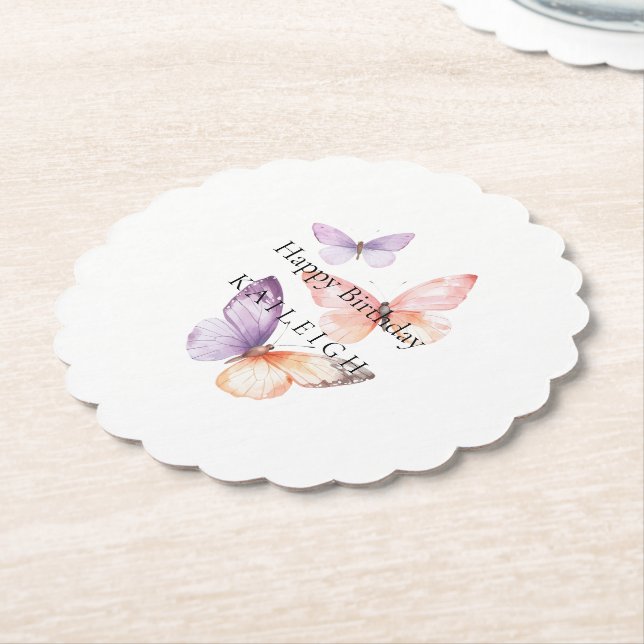 Peach Lila Lavender Butterflies Birthday Underlägg Papper (Vinklad)