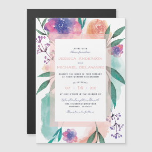 Peach & Lila Watercolor Blooms Blommigt Bröllop Magnetisk Inbjudningskort