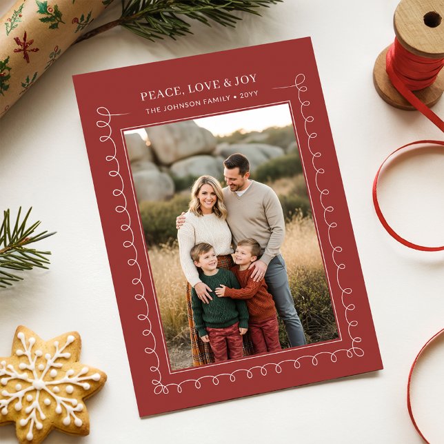 Peach Love Joy Red Stripe Family Photo Christmas Julkort (Skapare uppladdad)