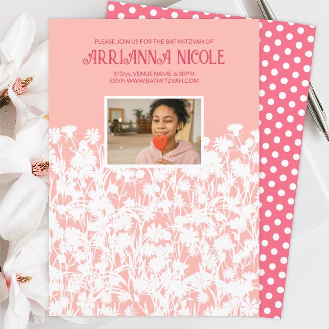 Peach, Mauve Rosa, White Vild Flowers Bat mitzvah Inbjudningar (peach pink white wild flowers meadow spring springtime bat mitzvah invitations pink polka dots)