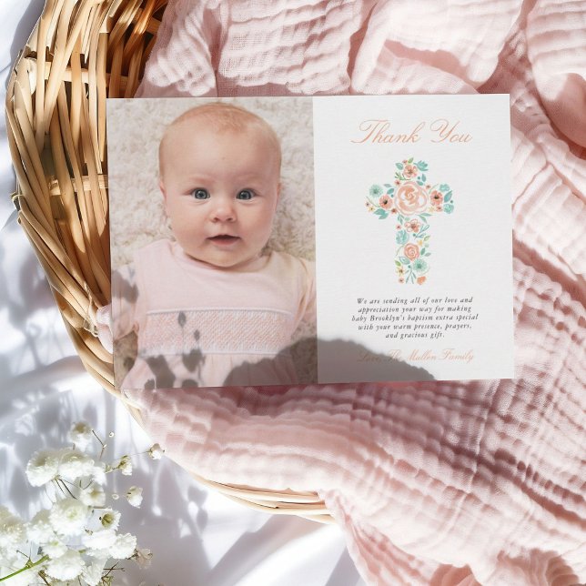 Peach & Mint Blommigt Kor Baptism Photo Tack Kort (Skapare uppladdad)