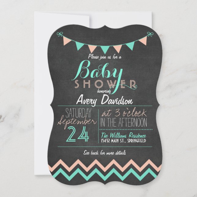 Peach & Mint Bunting Flagga Chalkboard Baby Shower Inbjudningar (Framsida)
