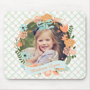 Peach Mint Girly Blommigt WAN Photo Anpassningsbar Musmatta