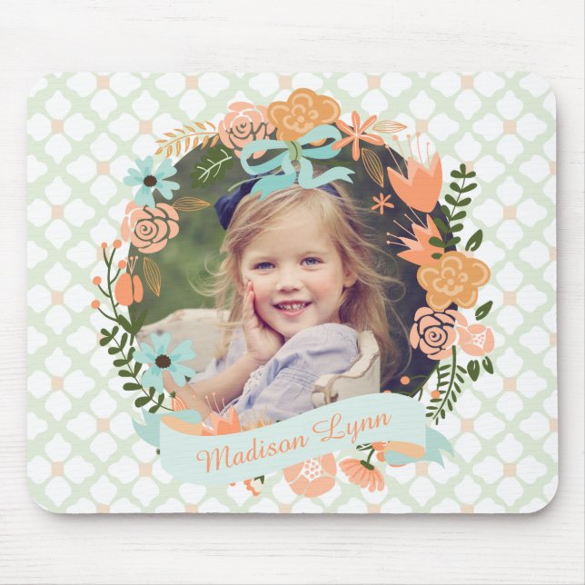 Peach Mint Girly Blommigt WAN Photo Anpassningsbar Musmatta (Framsidan)