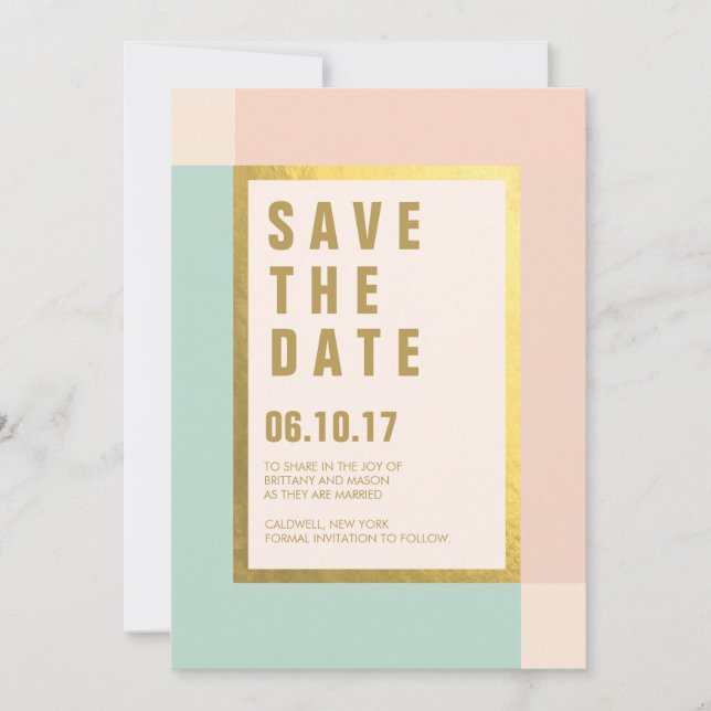 Peach Mint + Gold Foil Sparar datumen | Bröllop Spara Datumet (Framsida)