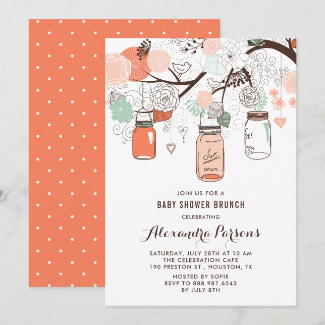 Peach & Mint Mason Burk Blommigt Baby Shower Brunc Inbjudningar (Fram/baksida)