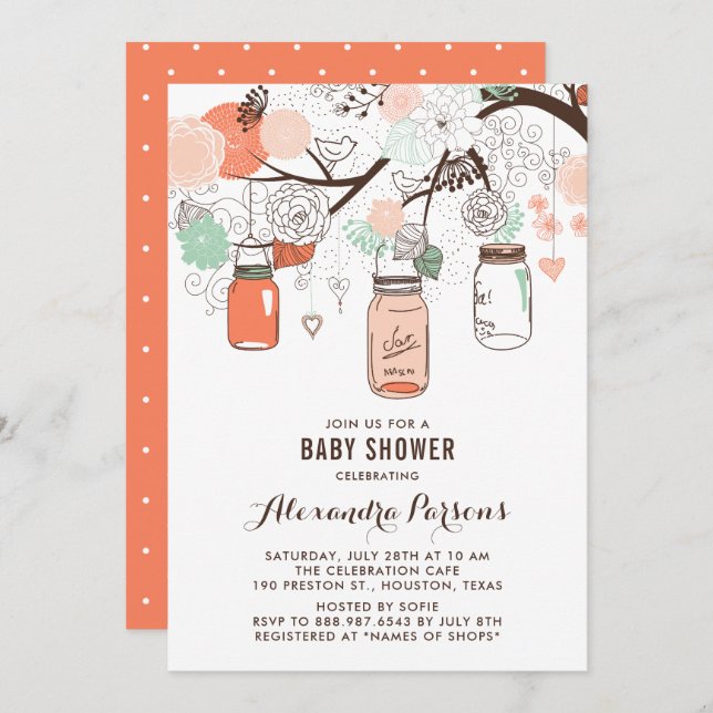 Peach & Mint Mason Burk Blommigt Baby Shower Inbju Inbjudningar (Fram/baksida)