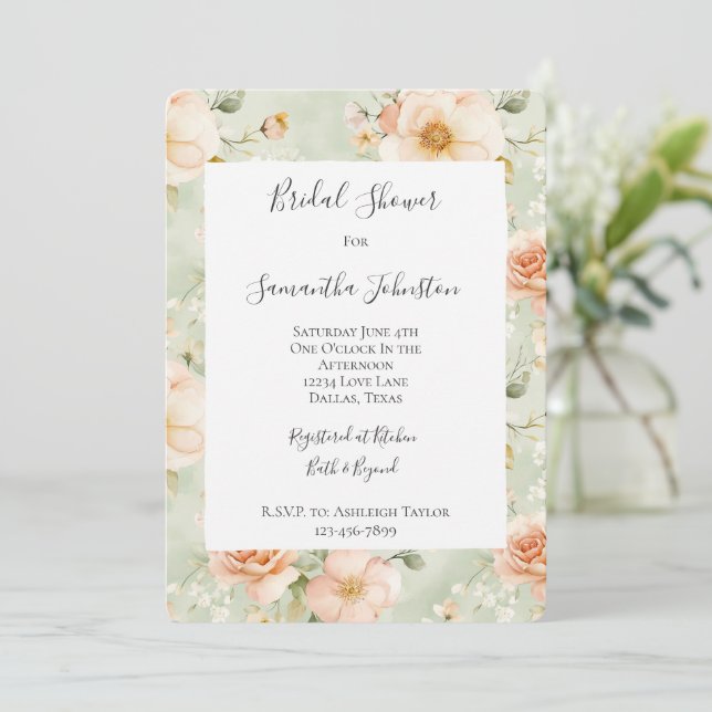 Peach Mint Pretty Rose Floral Bridal Shower Inbjudningar (Stående Fram)