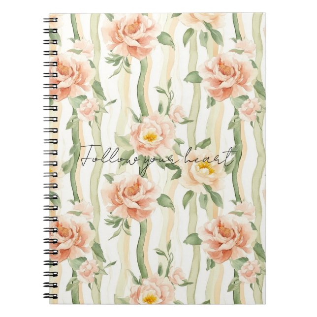 Peach Mint Pretty Roses Floral Stripes Anteckningsbok (Framsidan)