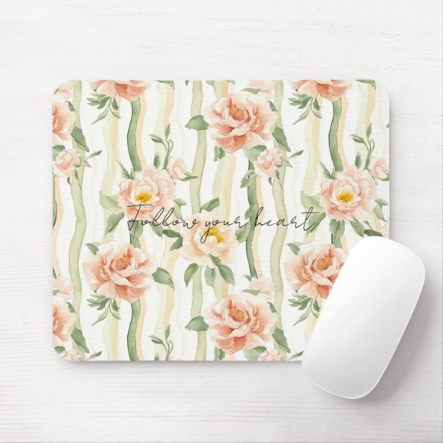 Peach Mint Pretty Roses Floral Stripes Musmatta (Med mus)