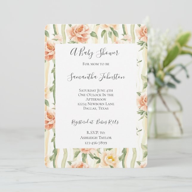 Peach Mint Roses Floral Stripes Baby Shower Inbjudningar (Stående Fram)