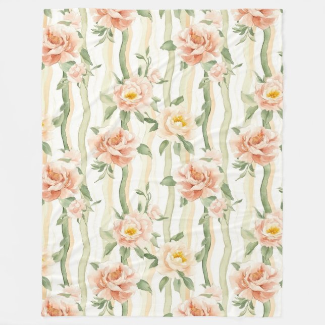 Peach Mint Roses Floral Stripes Birthday Fleecefilt (Framsidan)