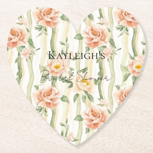 Peach Mint Roses Floral Stripes Bridal Shower Underlägg Papper (Framsida)