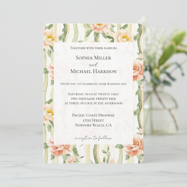 Peach Mint Roses Floral Stripes Wedding Inbjudningar (Stående Fram)