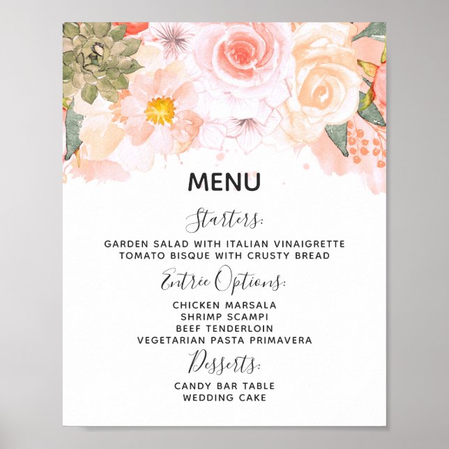 Peach & Mint Succulents Bröllop Menu Bord Sign Poster (Framsidan)