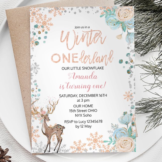 Peach Mint Winter ONEderland Snö Birthday Inbjudan (Skapare uppladdad)
