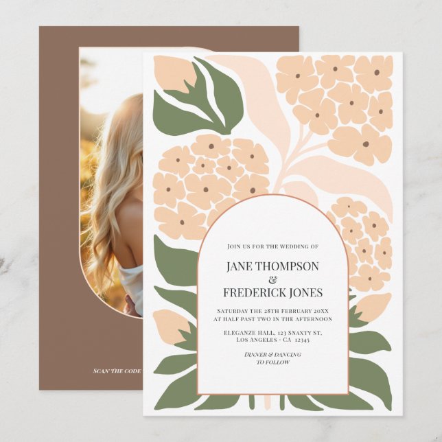 Peach Mist Abstract Floral Modern Spring Wedding Inbjudningar (Fram/baksida)