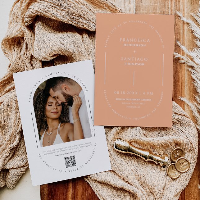 Peach Modern Arch QR-kod Bröllop Photo Inbjudningar (Skapare uppladdad)