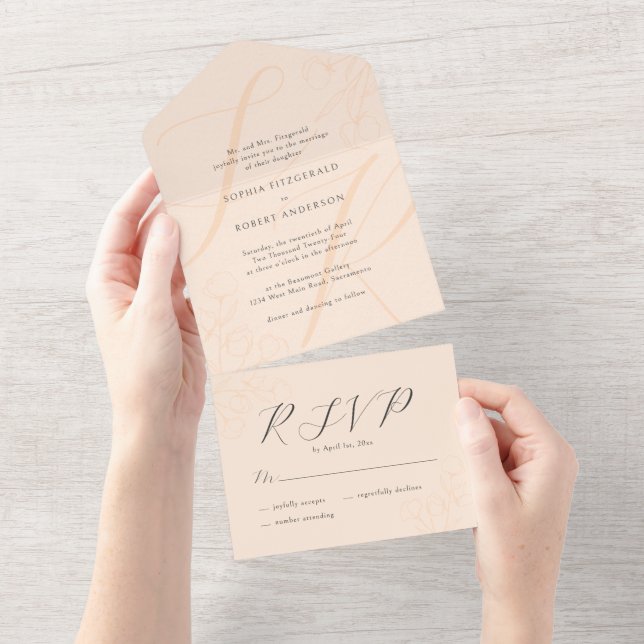 Peach Modern Minimalist Typography Blommigt Bröllo (Avrivbar del)