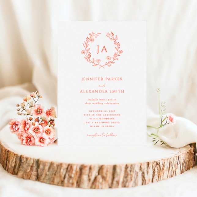 Peach Monogram Bröllop Inbjudningar (Skapare uppladdad)