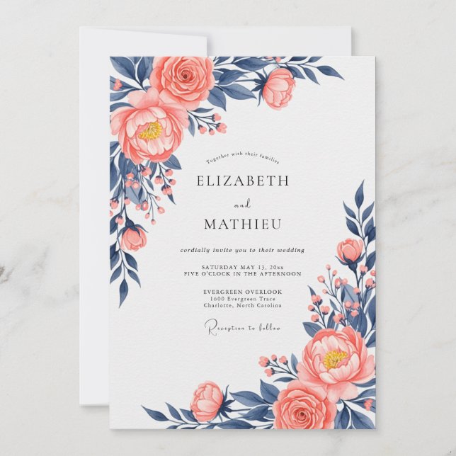 Peach Navy Exquisite Floral Wedding Inbjudningar (Framsida)